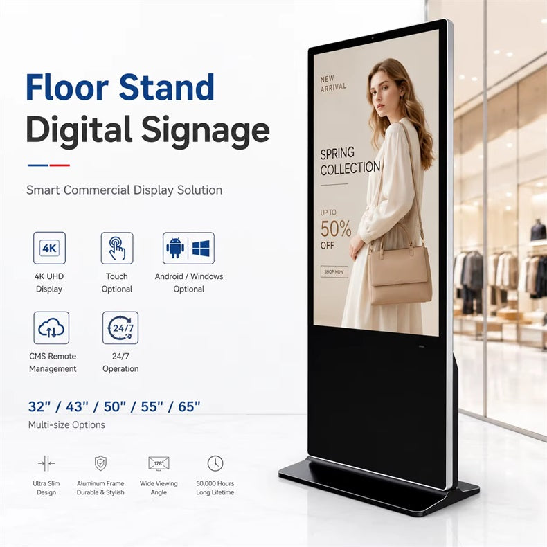 KEINONE Freestanding Digital Signage with 4K Display, Smart Network Connectivity & Touchscreen Kiosk, 43/50/55/65 Inch